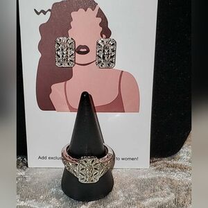 🗝Vtg Rhodium Plated Filigree Design Ring and Earring Set